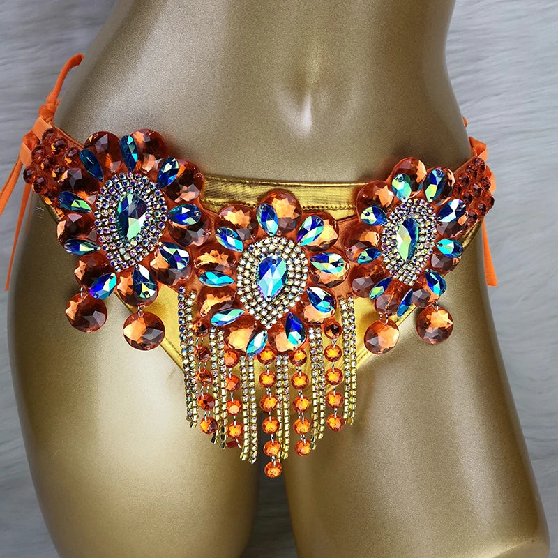 Sparkly Samba Carnival Stone Wire Bra, Belt & Necklace Three-Piece Costume Set