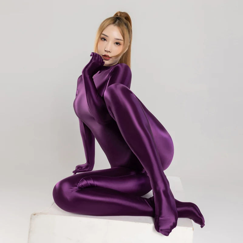 Silky Oil Glossy Long Sleeve Thong Bodysuit Full-Length Shaping Jumpsuit