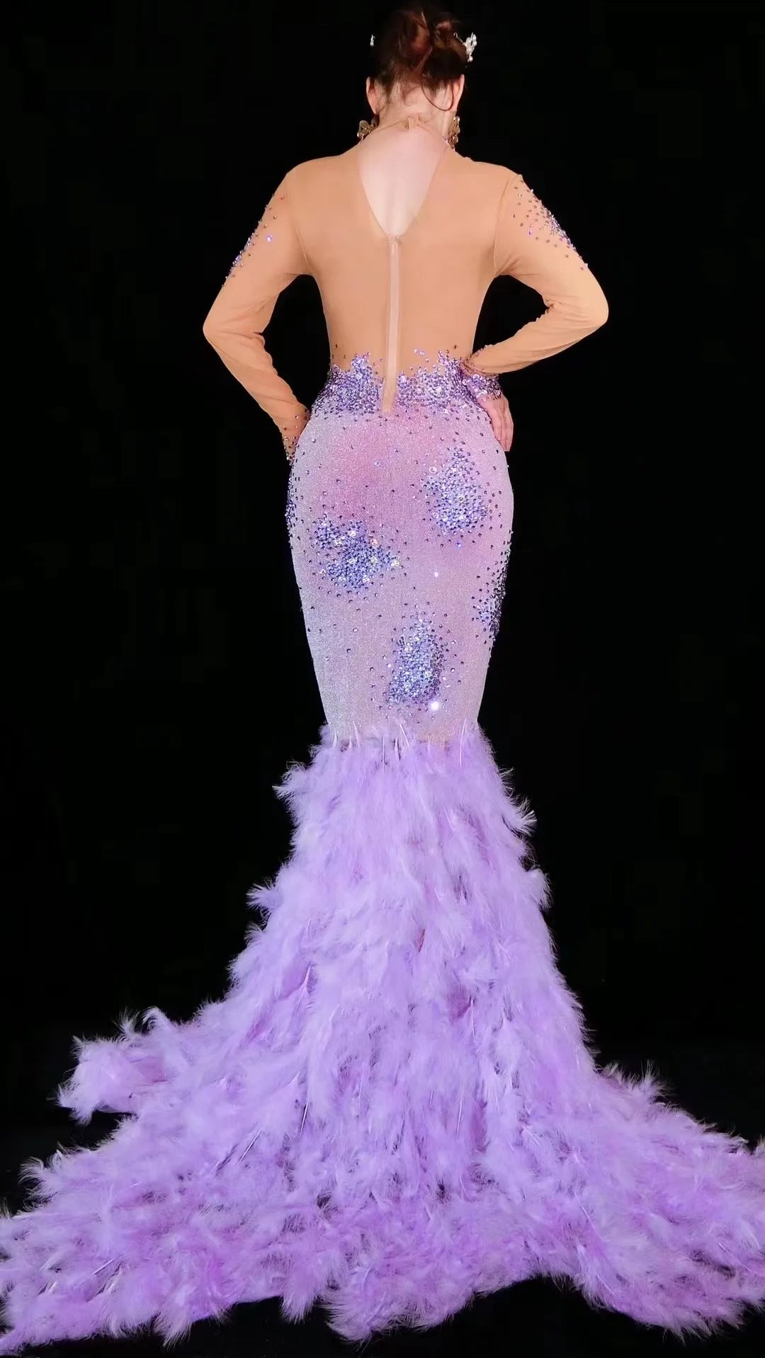 Women's Purple Rhinestone Feather Dress | Luxury Gown for Prom, Stage & Performance
