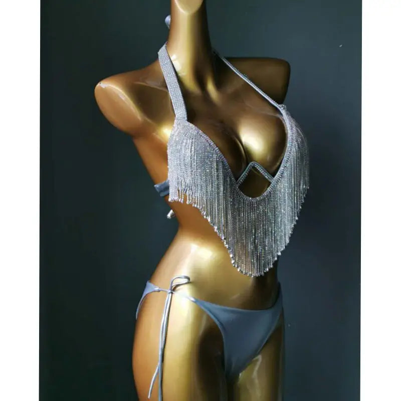 Sparkling Rhinestone Tassel Bikini Set – Shimmering Crystal Fringe Swimsuit & Exotic Body Jewelry Set for Raves & Beach Clubs