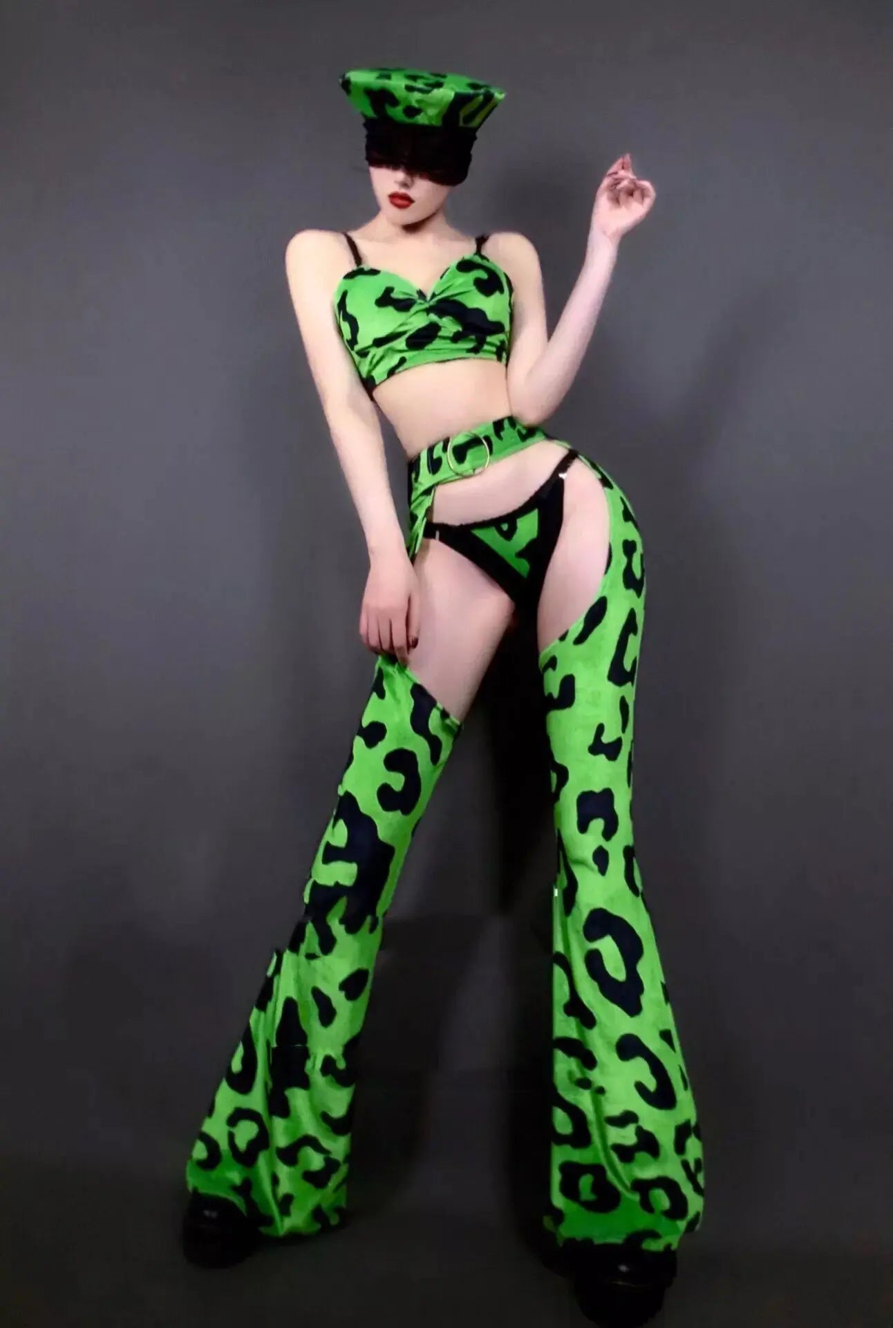 Neon Green Leopard Bikini Top, Wide-Leg Chaps Pants & Hat 4-Piece Stage Dance Costume Set