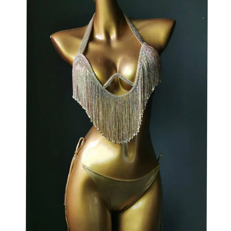 Sparkling Rhinestone Tassel Bikini Set – Shimmering Crystal Fringe Swimsuit & Exotic Body Jewelry Set for Raves & Beach Clubs