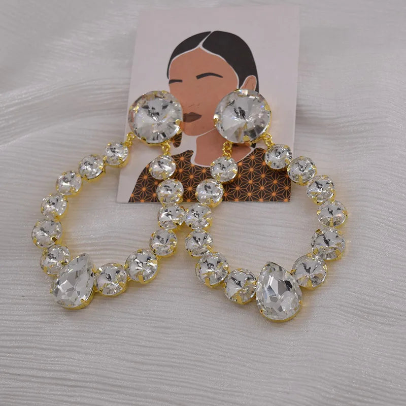 Sparkly Glass Crystal Oval Statement Drop Earrings Drag Queen Stage Jewelry