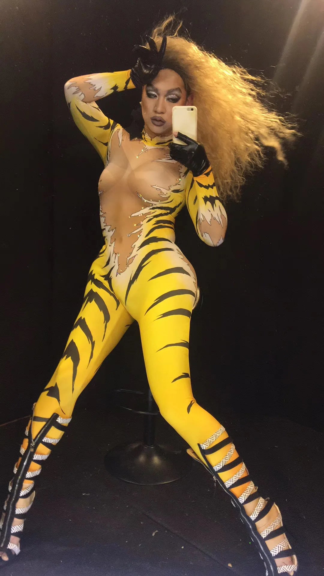 Tiger Print Rhinestone Catsuit Long Sleeve Fierce Animal Stage Performance Jumpsuit