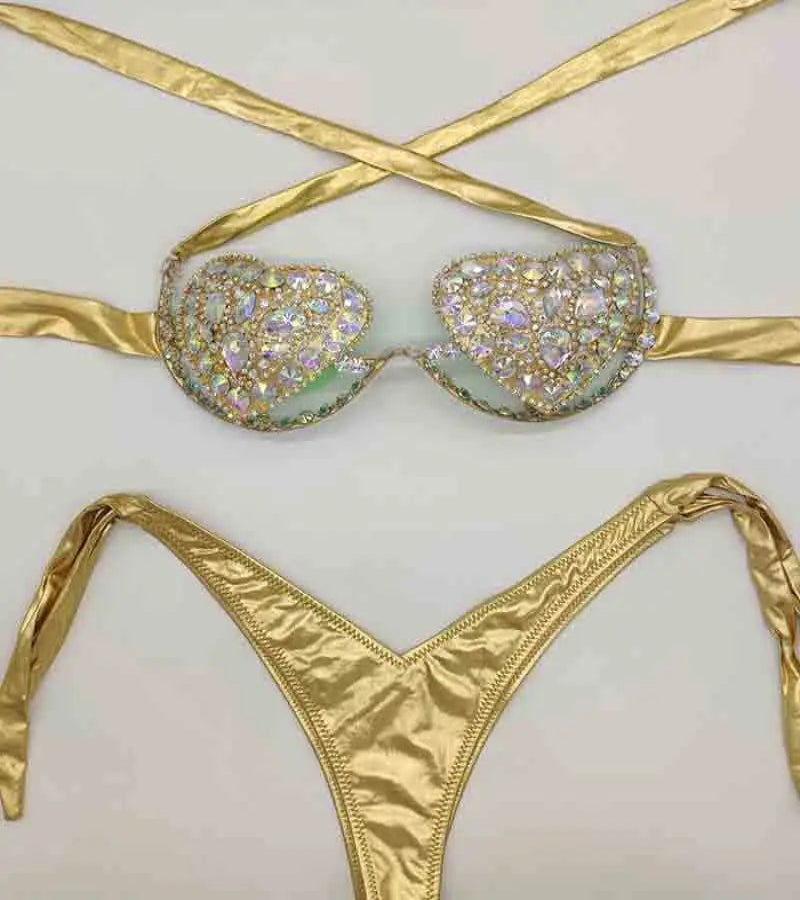 The Venus Vacation Deep-V Bikini – Luxe Rhinestone Embellished Showgirl Swim Set