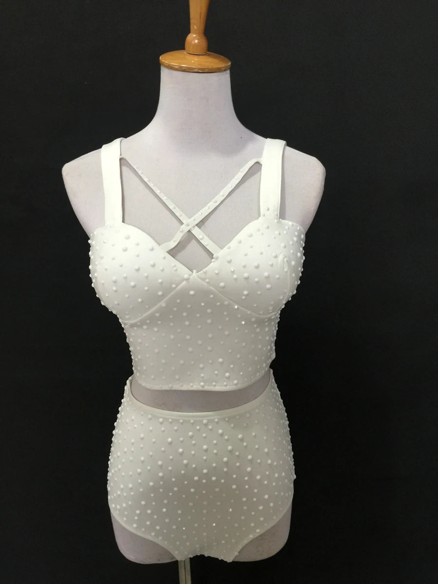 Sparkly Rhinestone Crop Top & High-Waisted Shorts Two-Piece Dance Costume Set