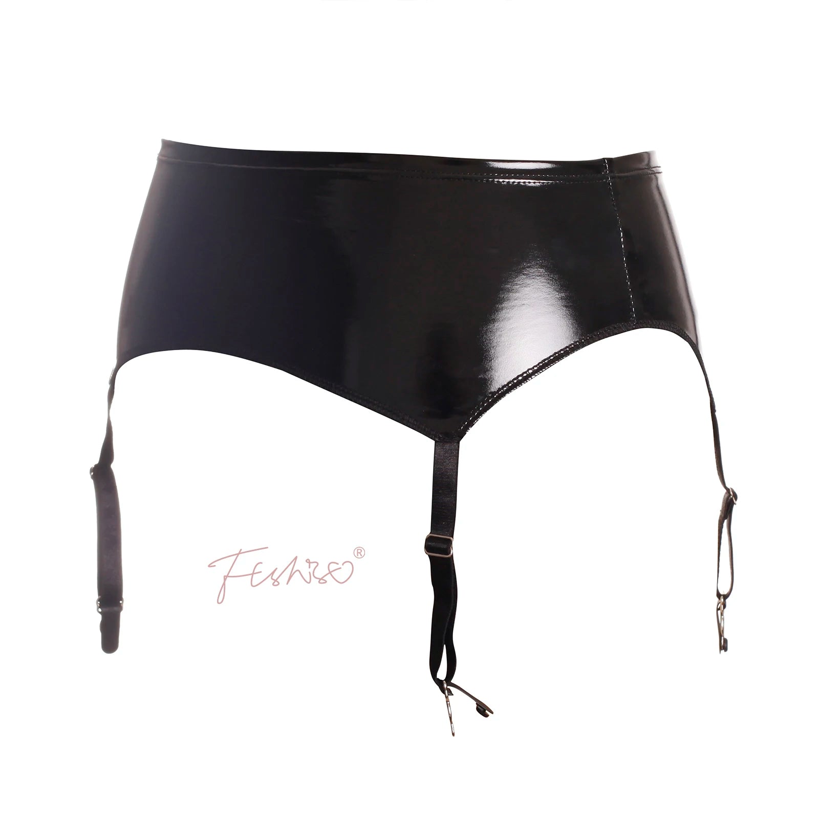 Glossy Faux Leather Mid-Waist Garter Belt with Metal Buckle Suspenders