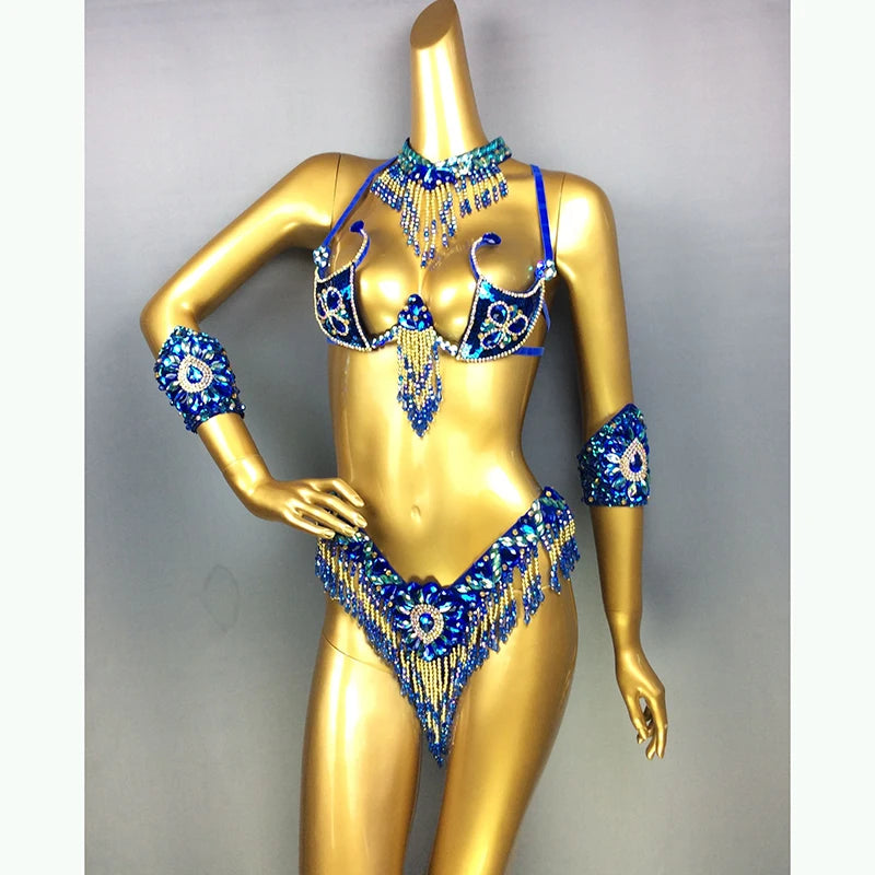 Handmade Beaded Samba Carnival Bra, Thong & Jewelry 5-Piece Stage Costume Set