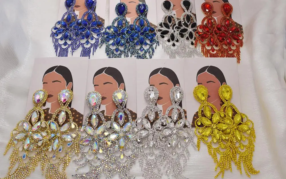 Sparkly Glass Crystal Statement Drop Earrings Stage Performance Jewelry