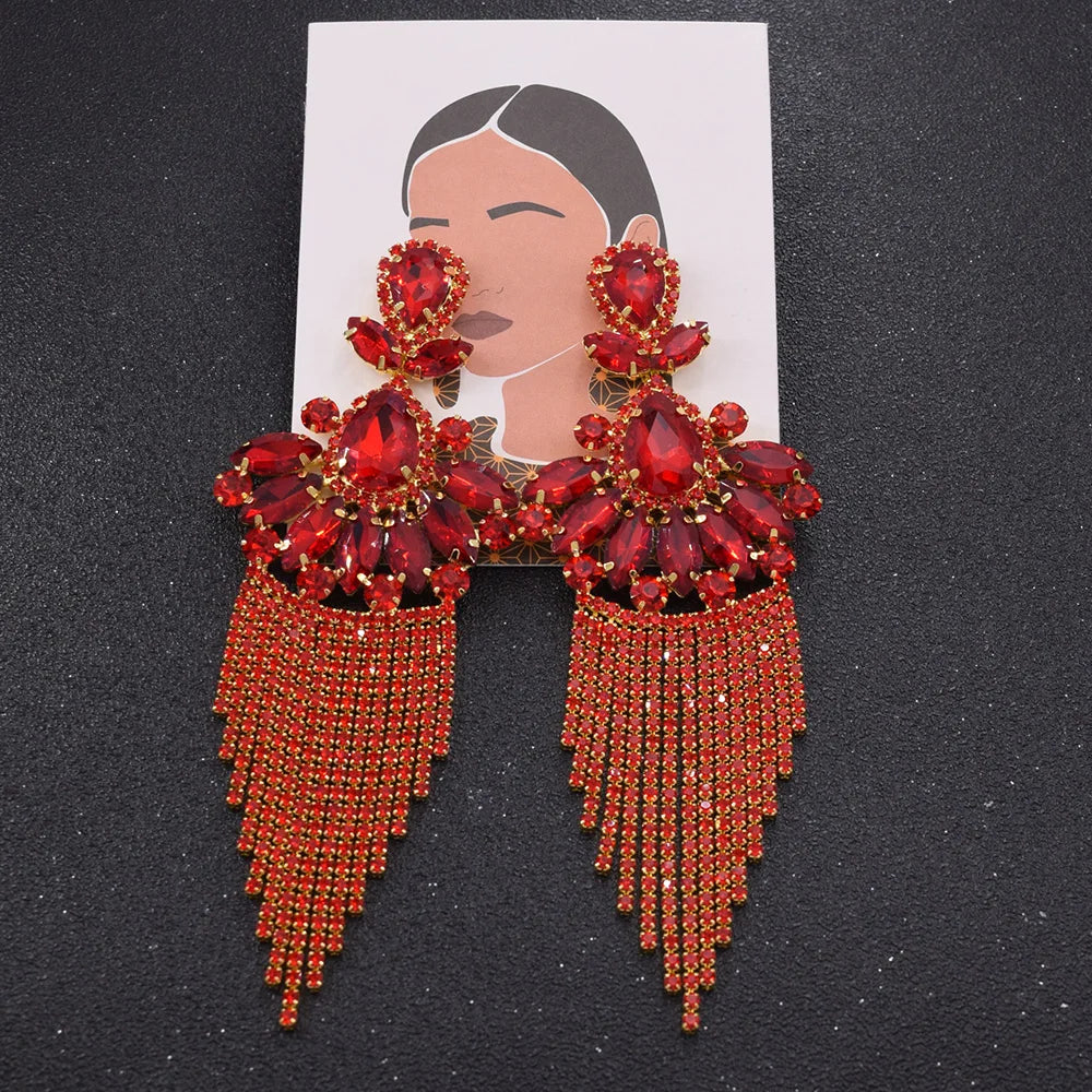 Sparkly Glass Crystal AB Tassel Drop Earrings Stage Performance Jewelry