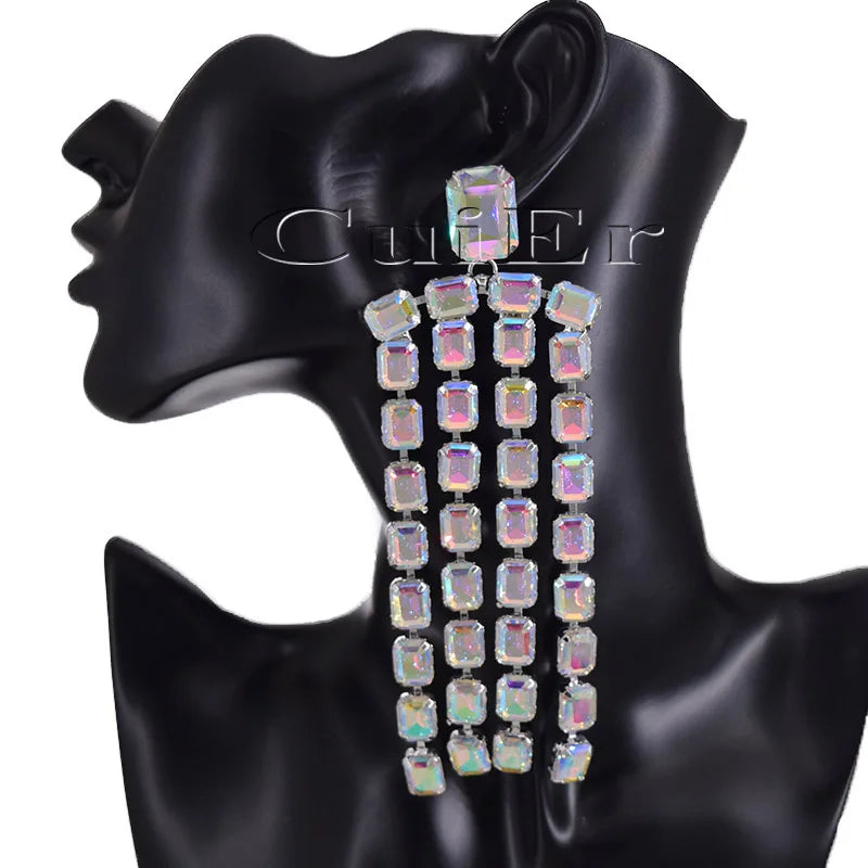 Sparkly 5.2" Glass Crystal Dangle Earrings Drag Queen Stage Jewelry