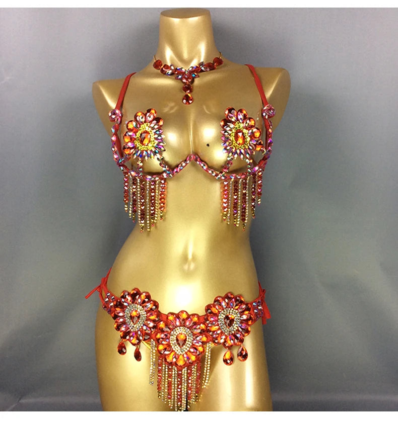 Sparkly Samba Carnival Stone Wire Bra, Belt & Necklace Three-Piece Costume Set