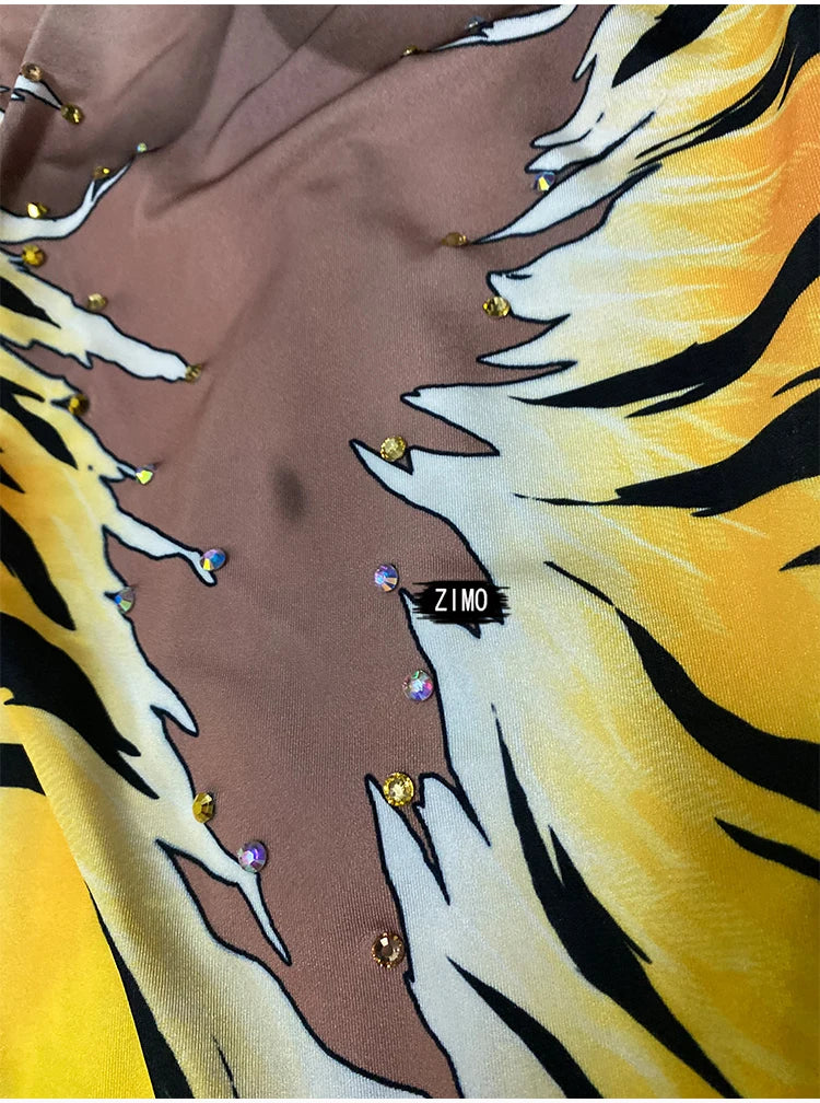 Tiger Print Rhinestone Catsuit Long Sleeve Fierce Animal Stage Performance Jumpsuit