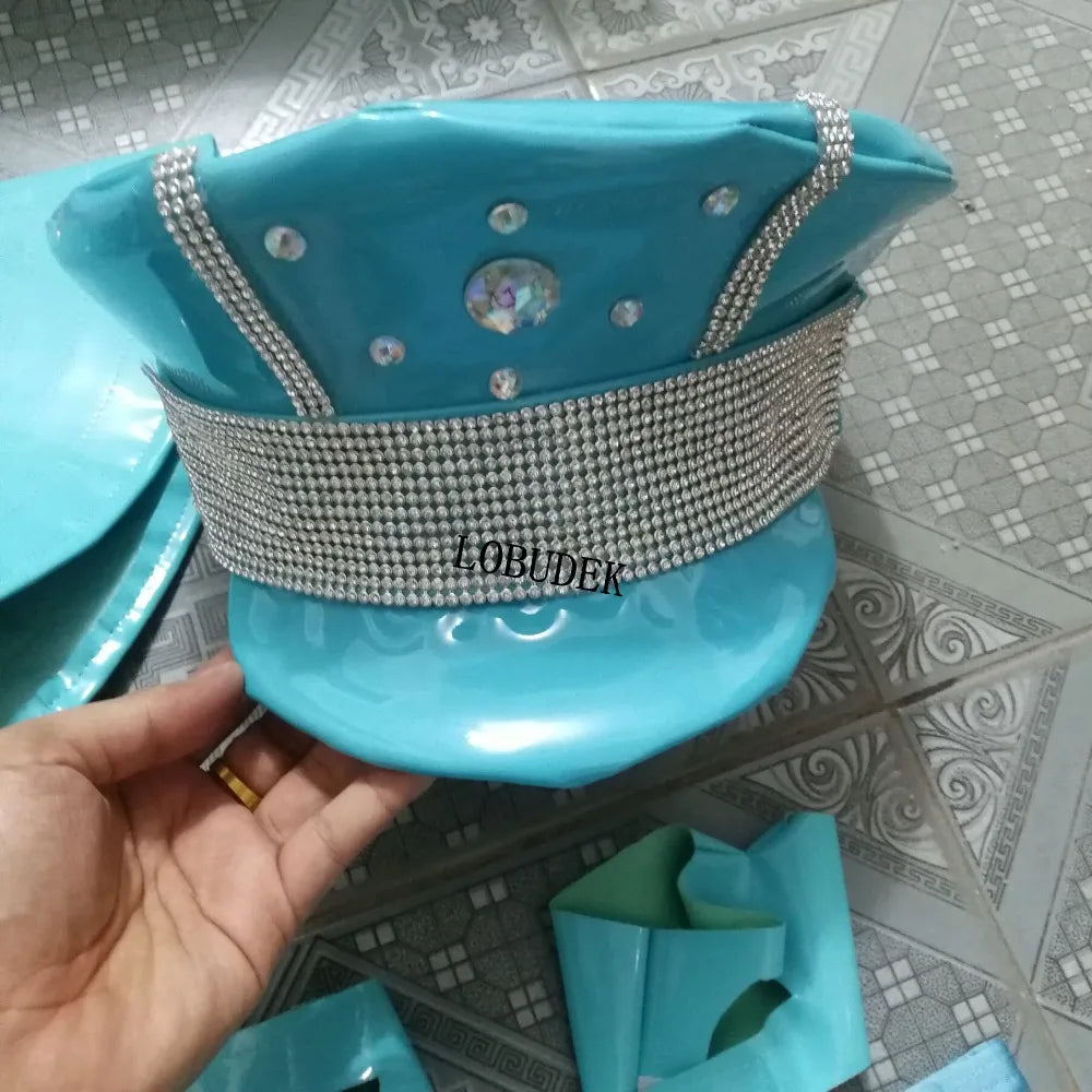 Sky Blue Armor Crop Top, Flared Skirt, Hat & Wrist Cuffs 4-Piece Stage Costume Set