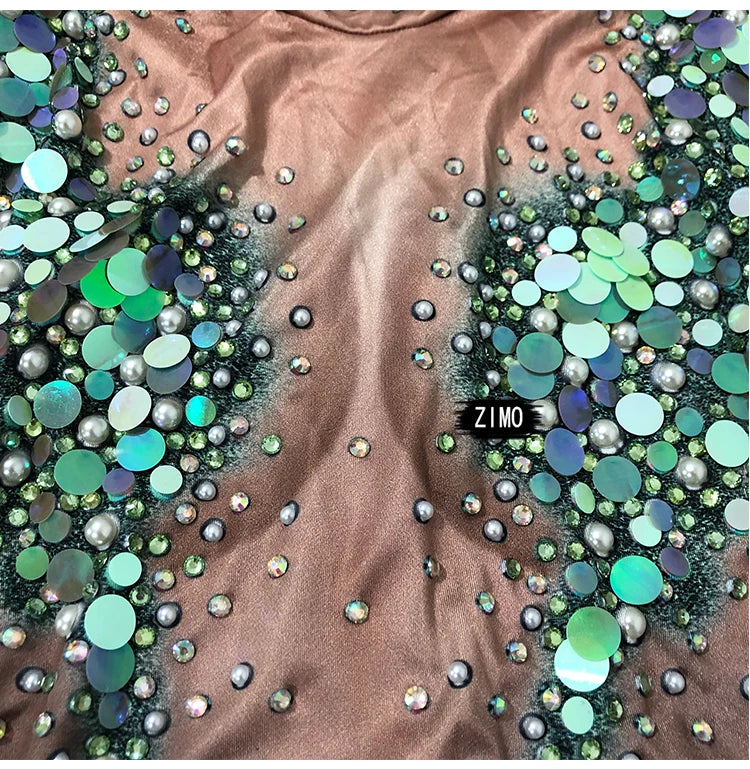 Emerald Green Rhinestone Sequin Mermaid Gown & Crown Stage Performance Costume Set