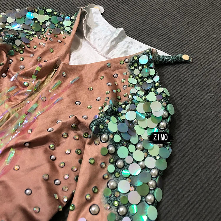 Emerald Green Rhinestone Sequin Mermaid Gown & Crown Stage Performance Costume Set