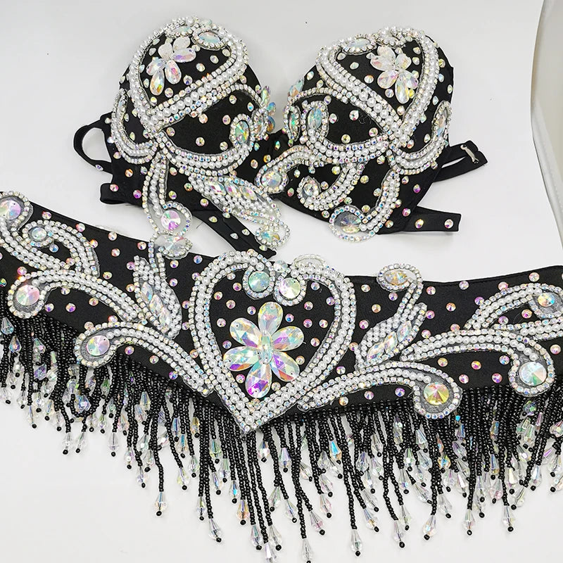 The Stardust Oasis Sirena – Deluxe Crystal & Beaded Belly Dance Bra & Belt 2-Piece Costume Set
