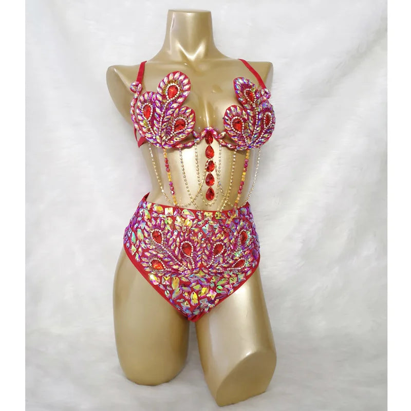 Sparkly Samba Carnival Stone Wire Bra & High-Waisted Bottom Two-Piece Costume Set