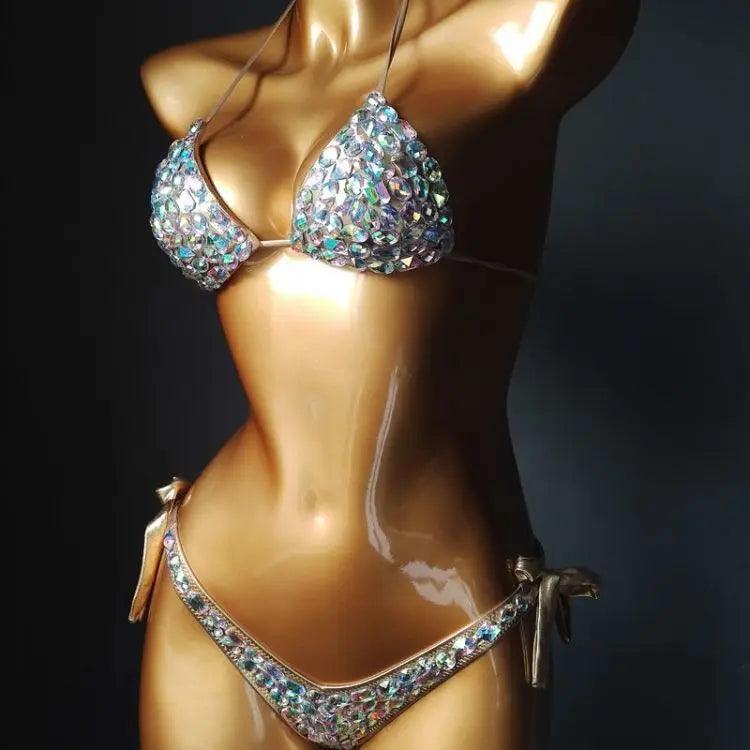 Strappy Rhinestone Bandage Bikini Set – Exotic Crystal Cross-Wrap Swimsuit & Bling Bathing Suit for Luxury Pool Parties