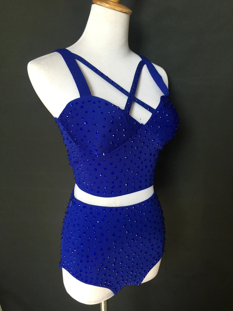 Sparkly Rhinestone Crop Top & High-Waisted Shorts Two-Piece Dance Costume Set