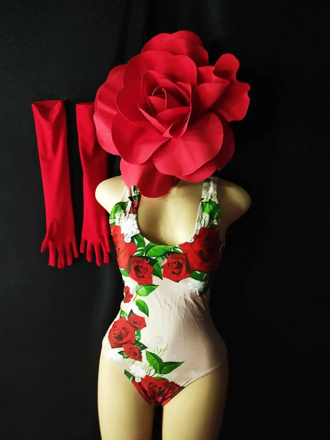 Scarlet Rose Floral Bodysuit, Opera Gloves & 3D Flower Headpiece 3-Piece Stage Costume Set