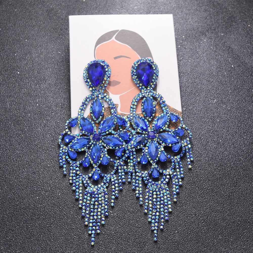 Sparkly Glass Crystal Statement Drop Earrings Stage Performance Jewelry