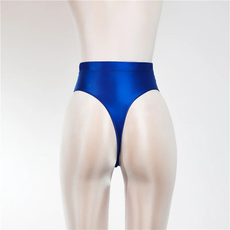 Sexy Shiny High Waist G-string Sheer See Through Sexy Brief Candy Color T-Back Oil Thong UnderWear Satin Glossy Femme Tight