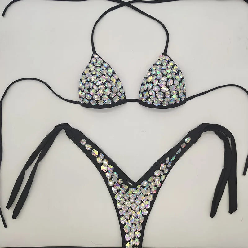 Cut-Out Rhinestone Bandage Bikini Set – Shimmering Crystal Push-Up Swimsuit & Open-Front Bling Bathing Suit for Raves & Festivals