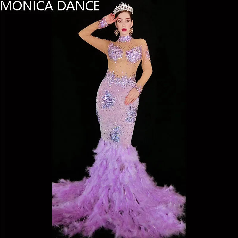 Women's Purple Rhinestone Feather Dress | Luxury Gown for Prom, Stage & Performance