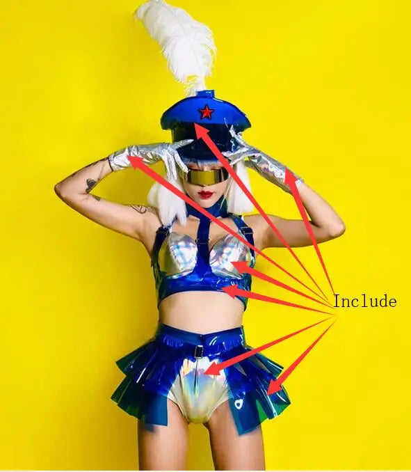 Holographic Silver Laser Bikini, Ruffle Skirt & Captain Hat 3-Piece Stage Costume Set