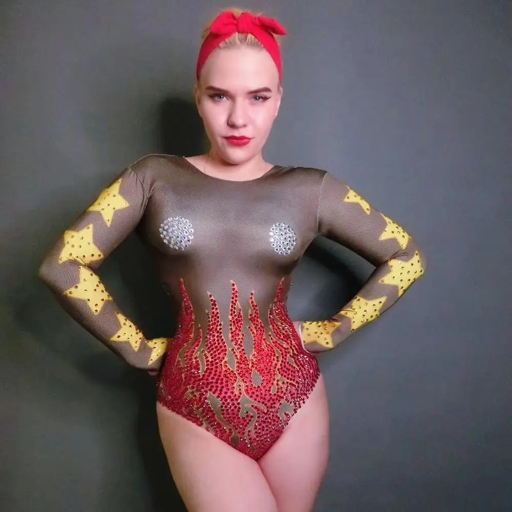 Women's Fire Pattern Rhinestone Leotard Bodysuit | Sparkly Crystal Stage Costume for Singer & Nightclub