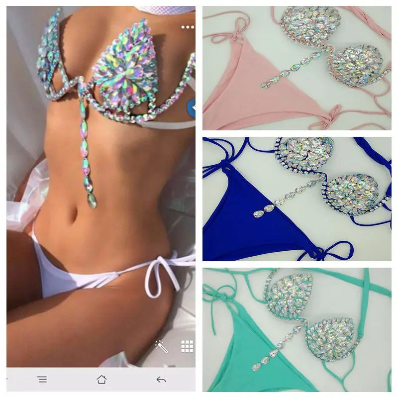 Geometric Bandage Tassel Bikini Set – Shimmering Rhinestone Fringe Swimsuit & Crystal Waist Accent Bathing Suit for Beach Clubs