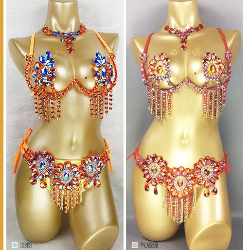 Sparkly Samba Carnival Stone Wire Bra, Belt & Necklace Three-Piece Costume Set