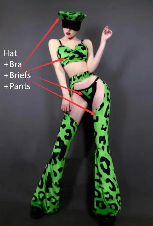 Neon Green Leopard Bikini Top, Wide-Leg Chaps Pants & Hat 4-Piece Stage Dance Costume Set