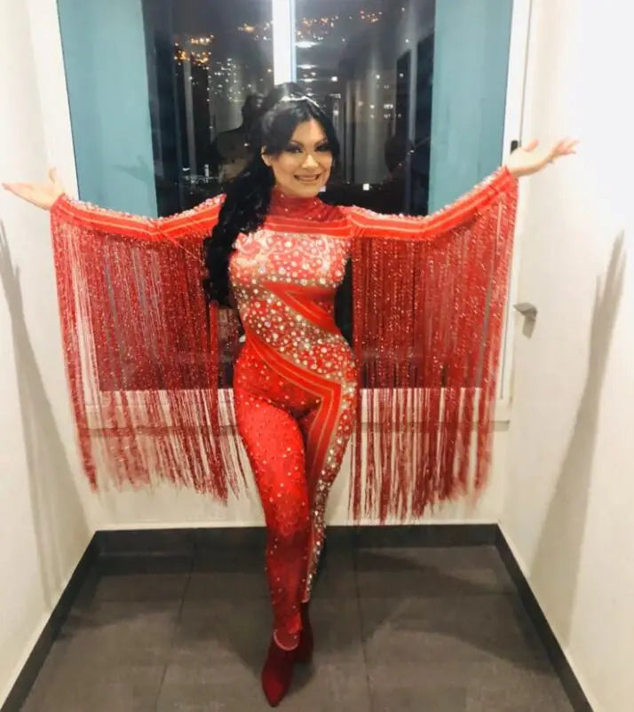 Silver Red Rhinestone Fringe Jumpsuit Stage Performance Outfit Dancer Catsuit