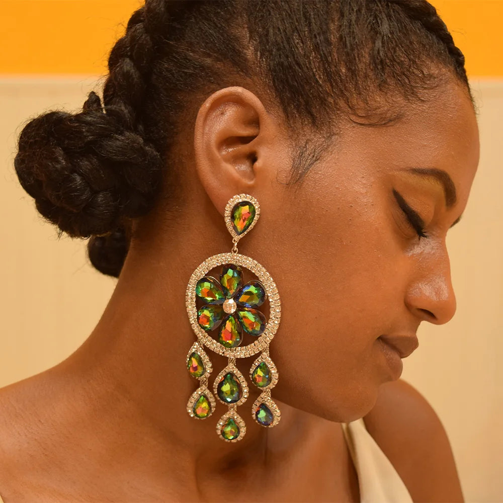 Sparkly 5.1" Glass Crystal Tassel Drop Earrings Drag Queen Stage Jewelry