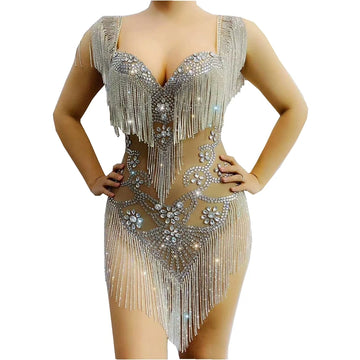Silver Crystal Fringe Illusion Bodysuit Sparkly Rhinestone Stage Dance Leotard