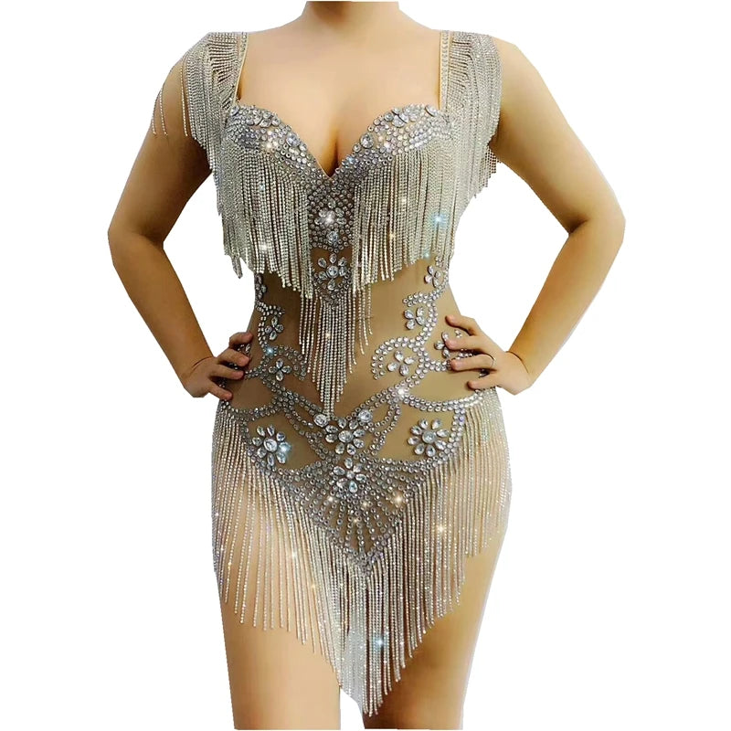 Silver Crystal Fringe Illusion Bodysuit Sparkly Rhinestone Stage Dance Leotard