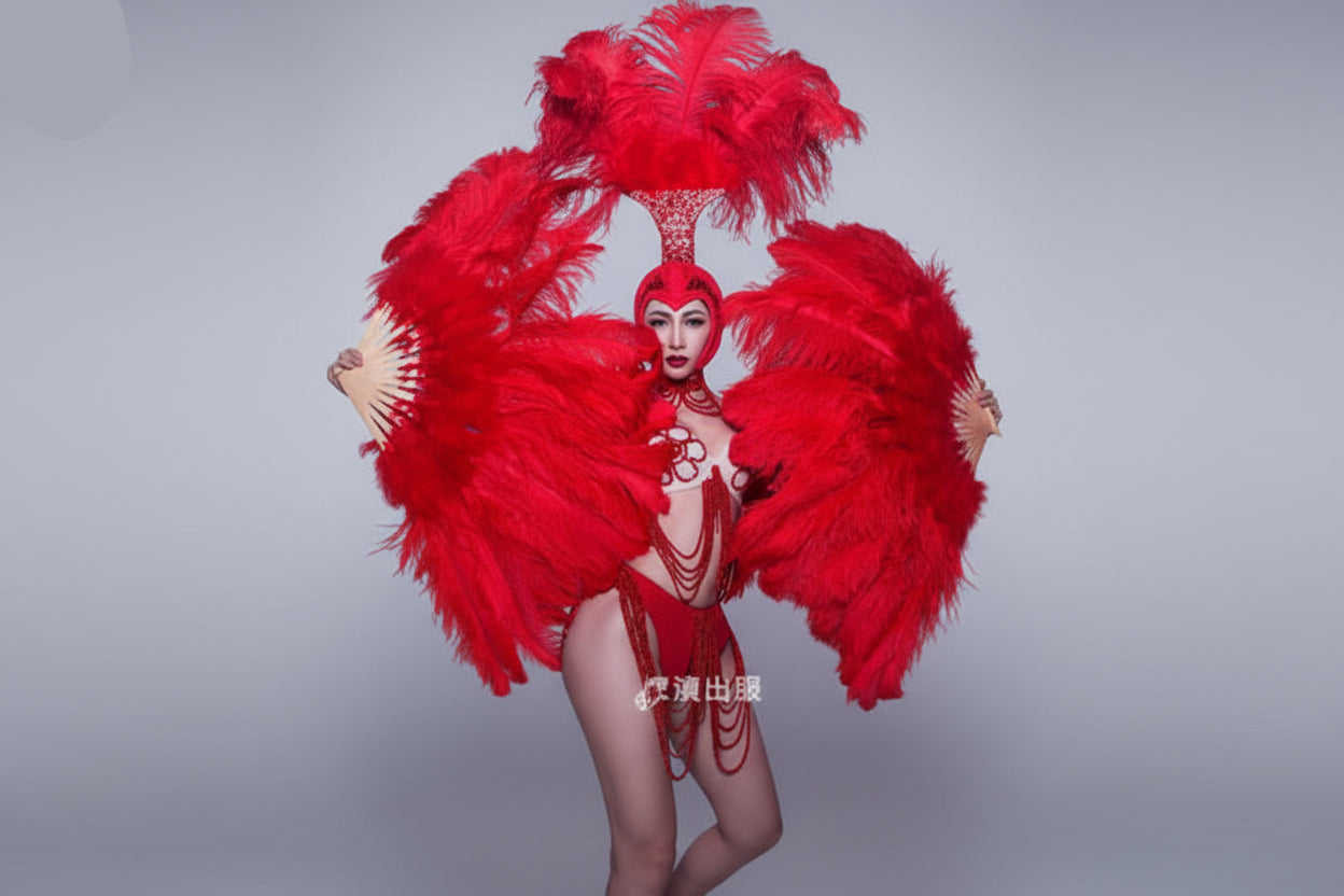 Ostrich Feather Headdress & Pearl Suit Stage Costume Set
