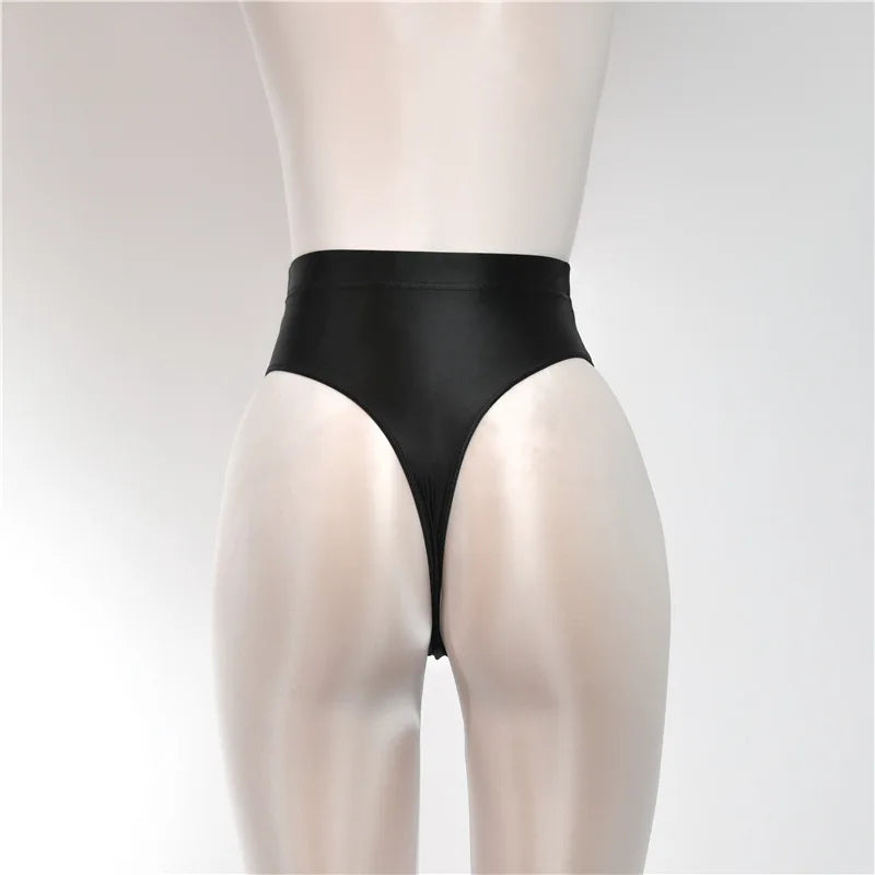 Sexy Shiny High Waist G-string Sheer See Through Sexy Brief Candy Color T-Back Oil Thong UnderWear Satin Glossy Femme Tight