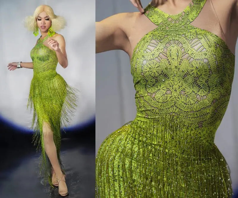 Sparkly Lime Green Rhinestone & Tassel Fringe Bodycon Dress Stage Performance Costume