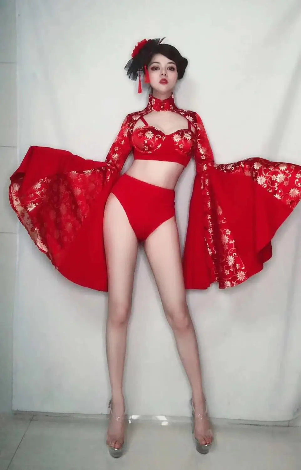 Crimson Red Sculpted Bralette, Dramatic Puff Sleeve Shrug & Briefs 3-Piece Stage Costume Set