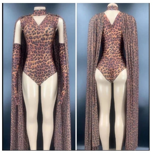 Wild Glam Leopard Print Gogo Bodysuit & Flowing Cape Set