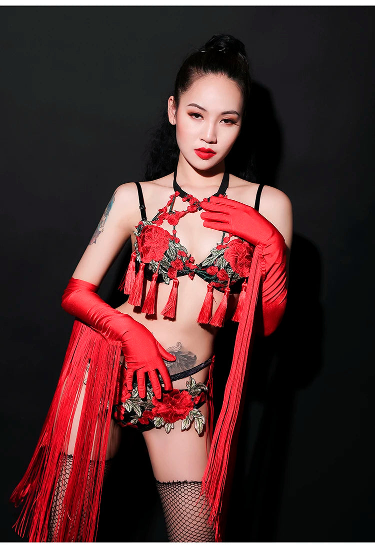 Red Rose Floral Fringe Bikini & Matching Fringe Gloves Stage Performance Costume Set