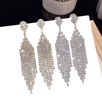 Vintage Crystal Tassel Drop Earrings – Elegant Geometric Multi-Strand Statement Earrings for Weddings, Galas & Evening Wear