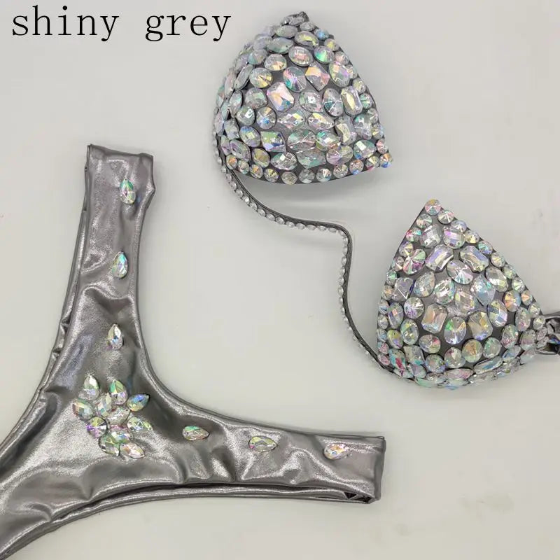 Luxury Rhinestone Performance Bikini Set – Shimmering Crystal Push-Up Stage Costume & Bling Two-Piece for GoGo Dancers, Festivals & Raves
