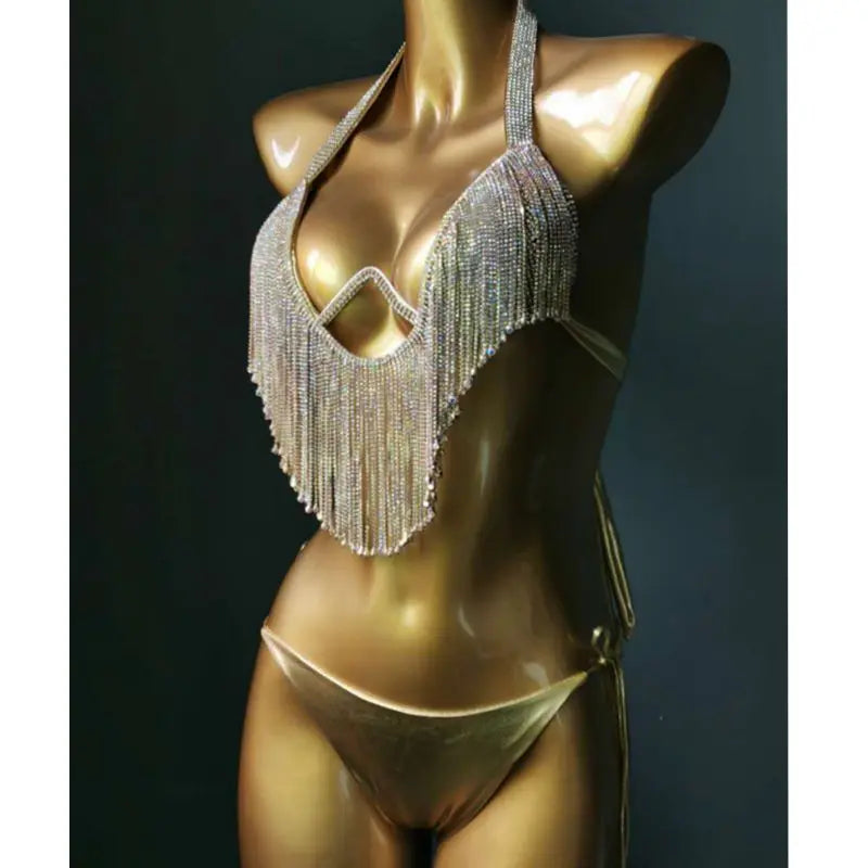 Sparkling Rhinestone Tassel Bikini Set – Shimmering Crystal Fringe Swimsuit & Exotic Body Jewelry Set for Raves & Beach Clubs