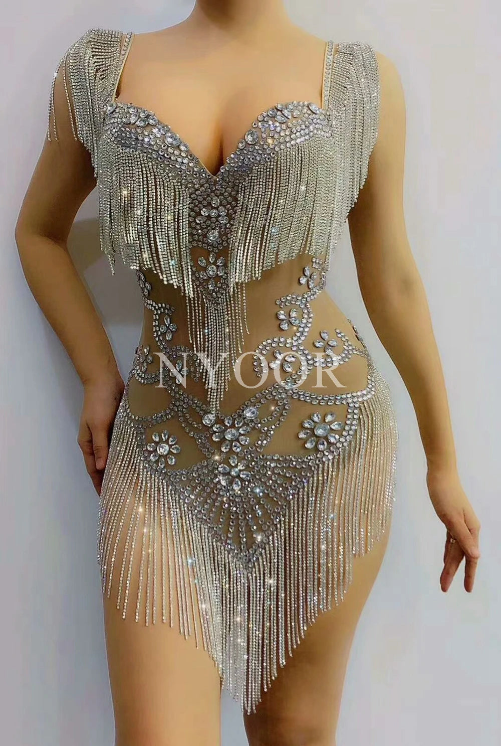 Silver Crystal Fringe Illusion Bodysuit Sparkly Rhinestone Stage Dance Leotard