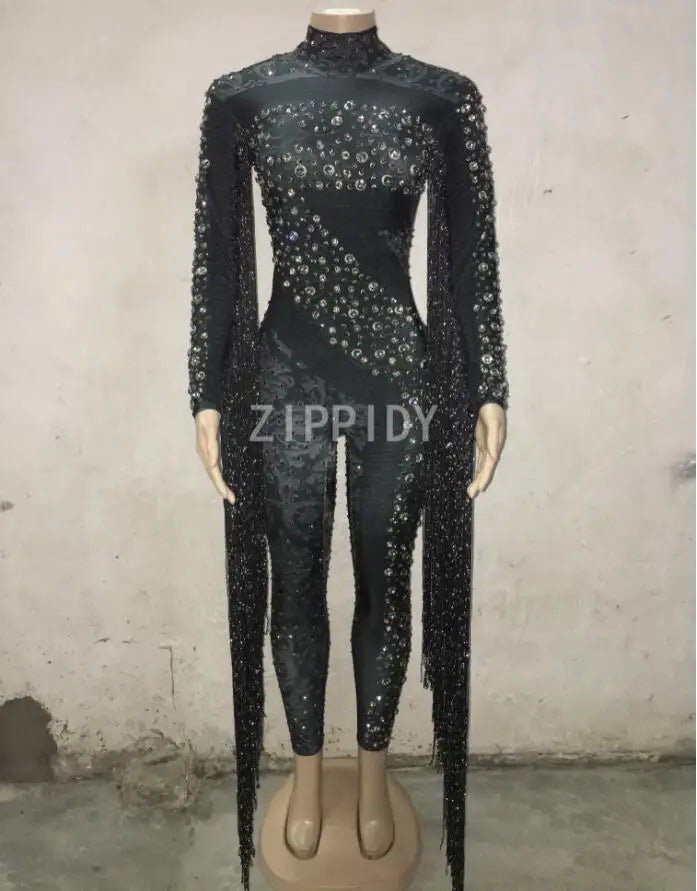 Silver Red Rhinestone Fringe Jumpsuit Stage Performance Outfit Dancer Catsuit