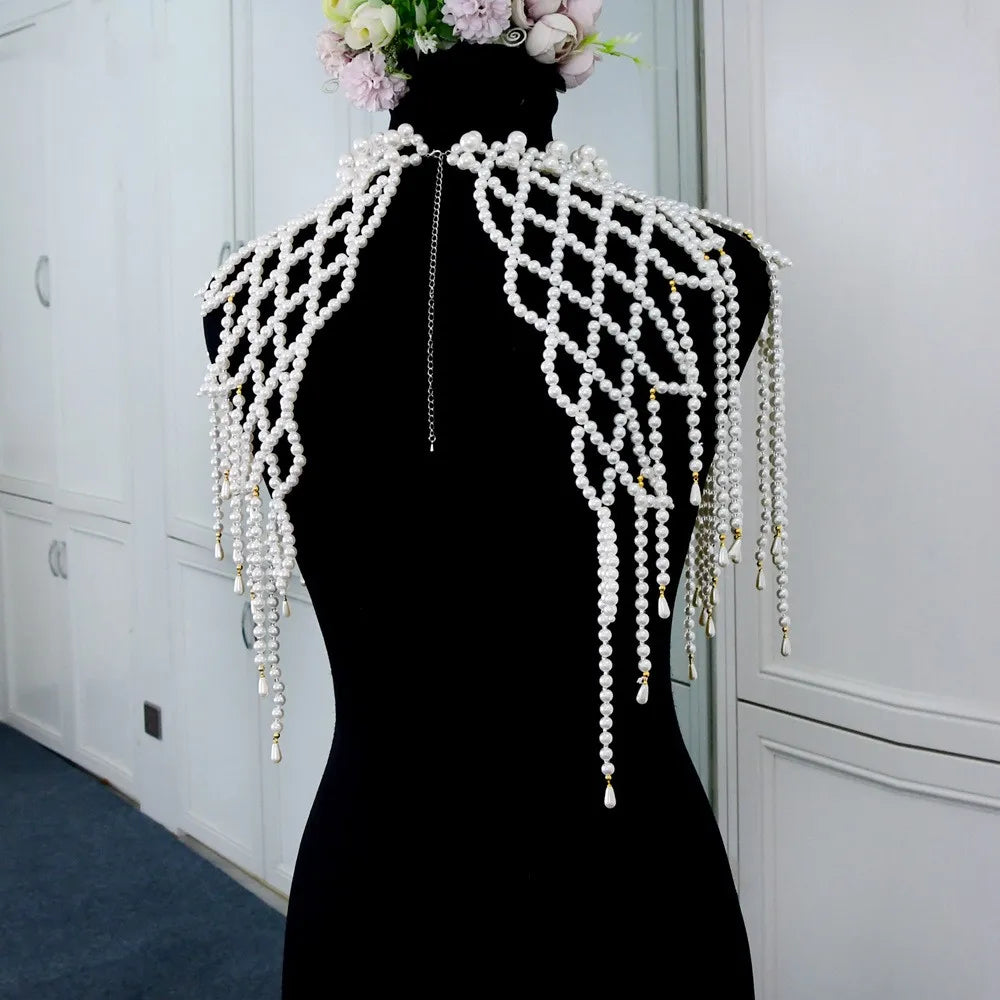 White Simulated Pearl Chest Wrap Chain